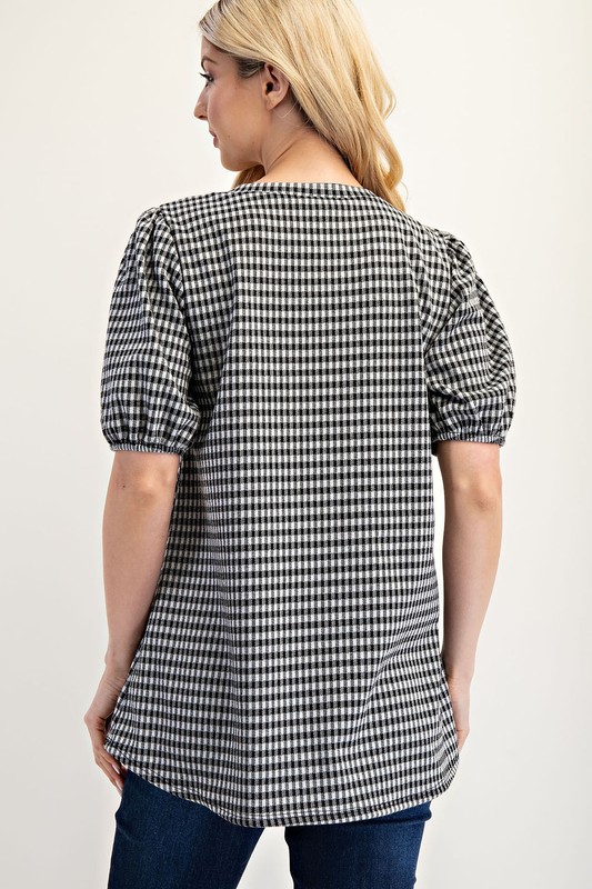 Full Size Gingham Print Top With Puff Sleeves Plus Size