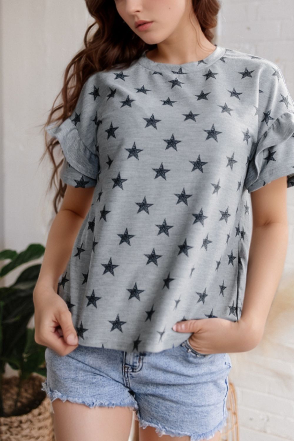 Star Print Tiered Ruffled Sleeve Crew Neck T Shirt