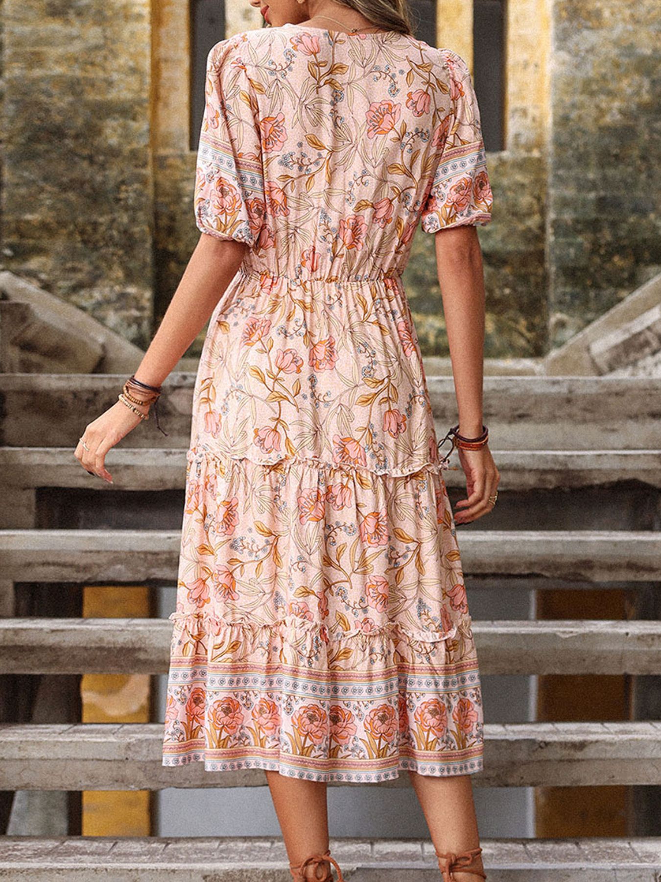 Printed Surplice Tiered Midi Dress