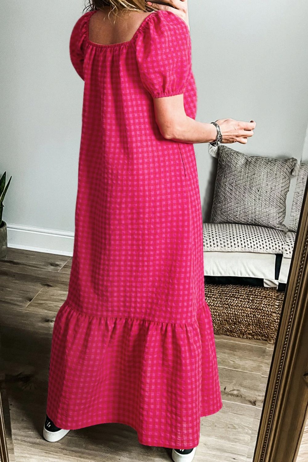 Gingham Check Bubble Sleeve Ruffled Maxi Dress