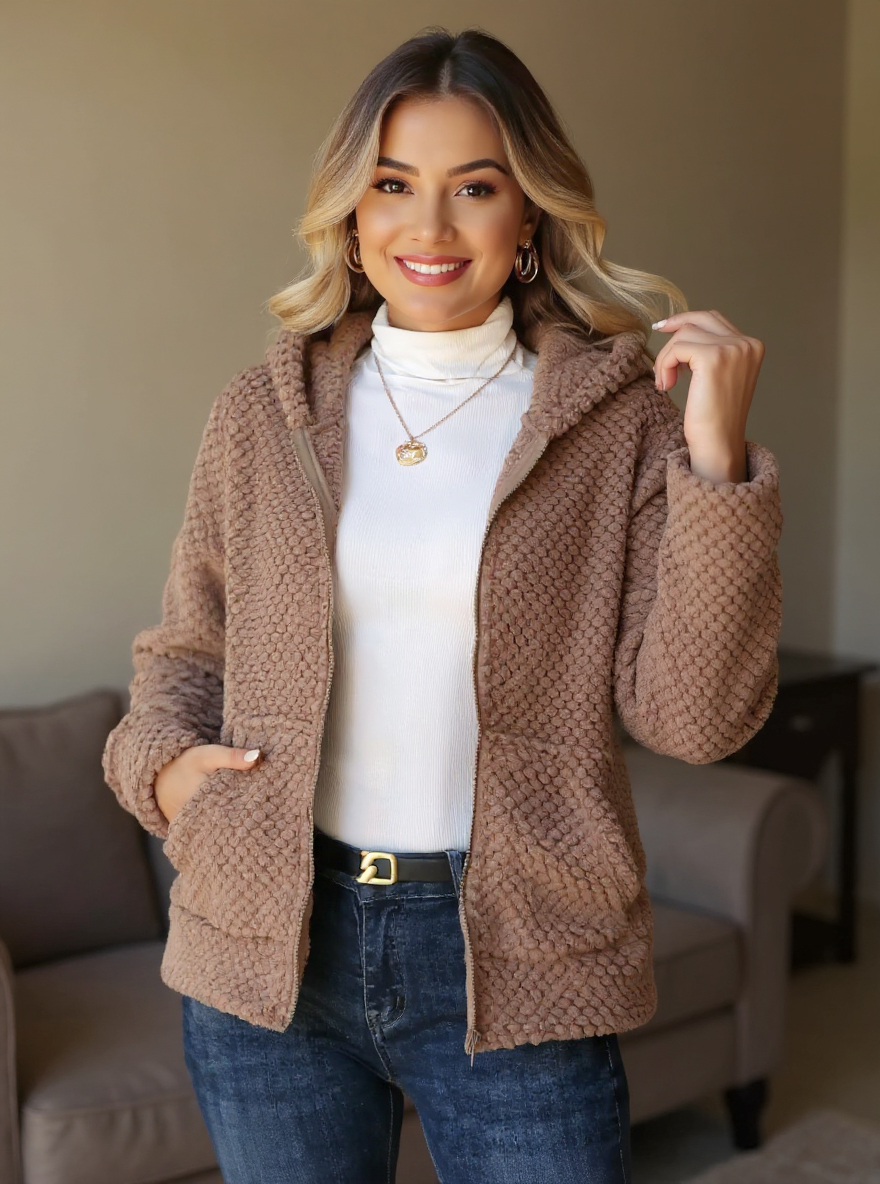 Textured Knit Zip-Up Hooded Outerwear