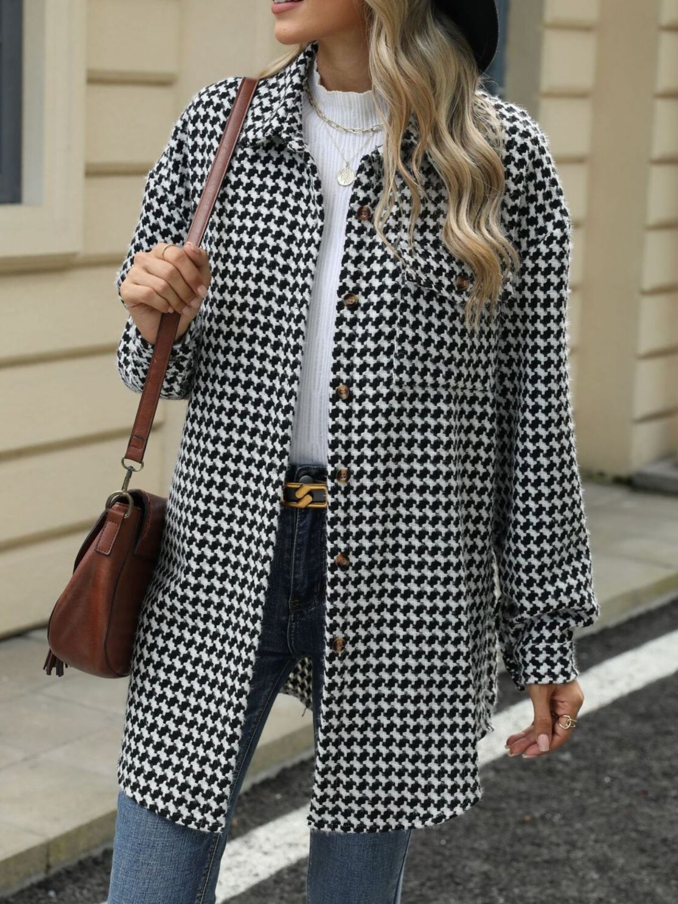 Houndstooth Button Up Long Sleeve Coat