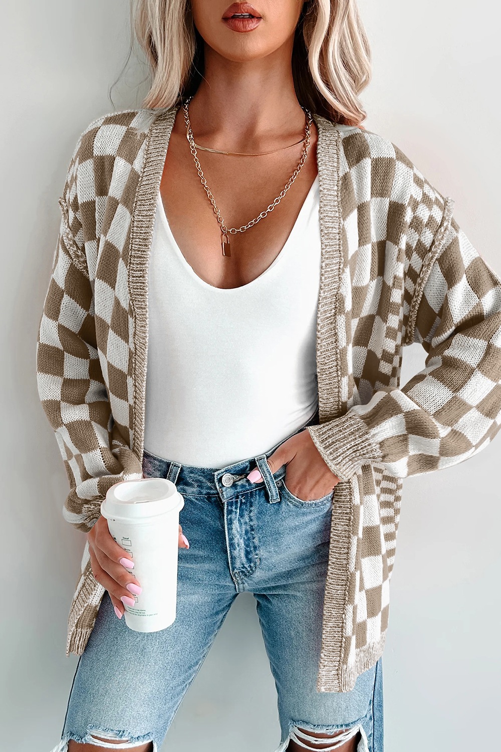 Checkerboard Print Open Front Knit Cardigan