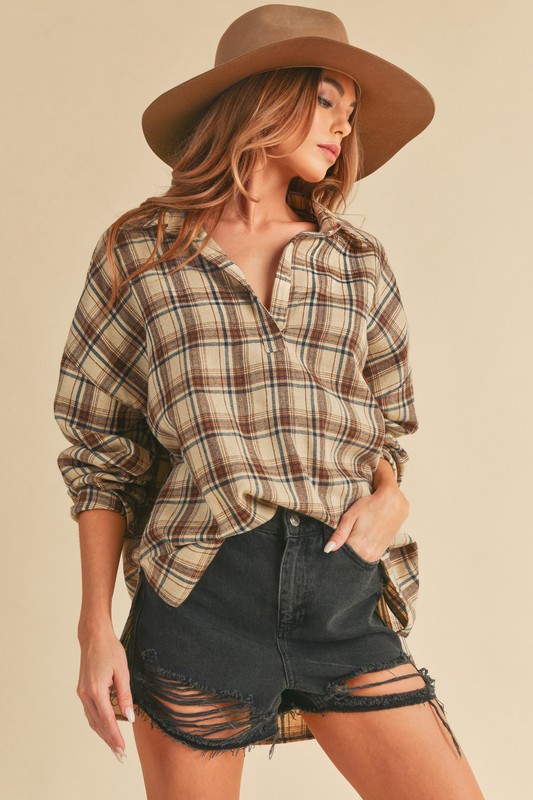 Side Slit High-Low Plaid Long Sleeve Polo Shirt