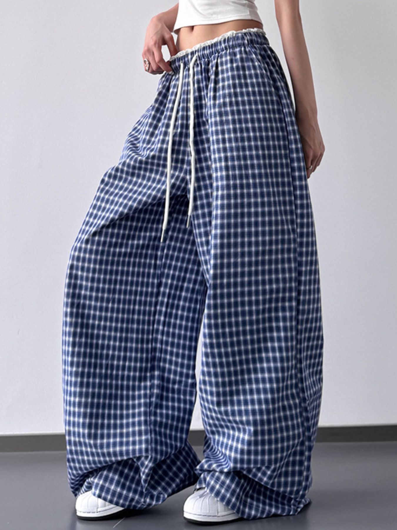 Drawstring Plaid Wide Leg Pants