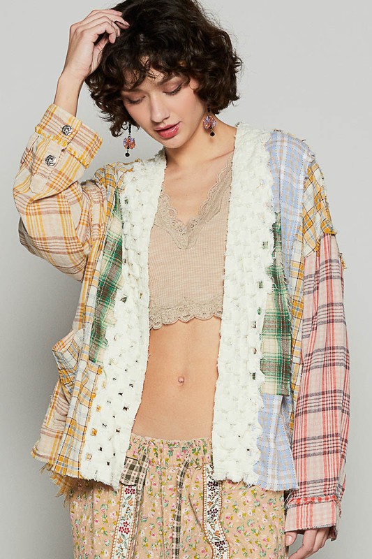 Raw Edge Plaid Open Front Cardigan
