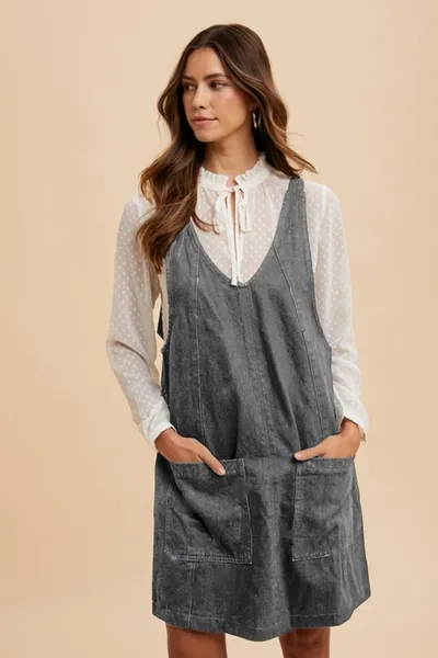 Chic V-Neck Denim Overall Dress with Pockets - Perfect for Every Day!