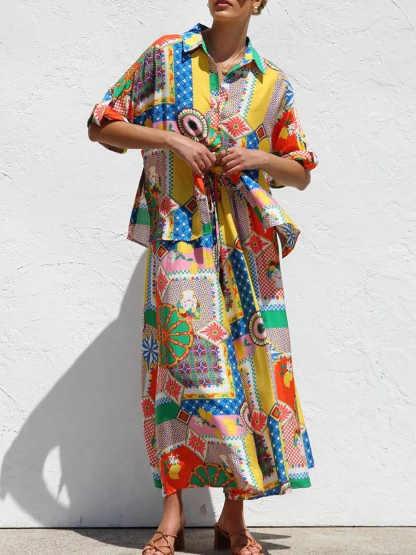 Printed Button Up Shirt and Pants Set