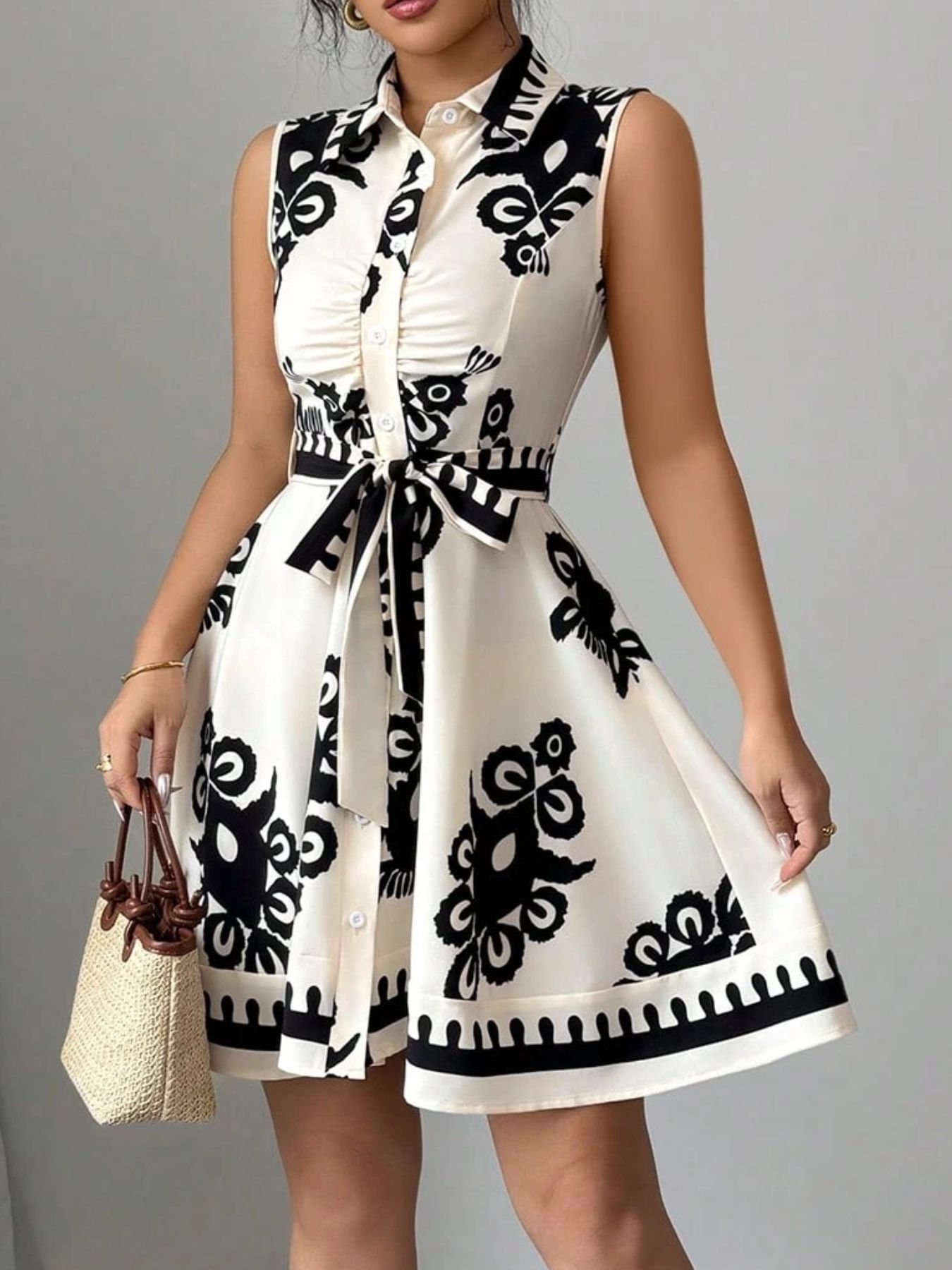 Printed Sleeveless Tie Waist Mini Dress