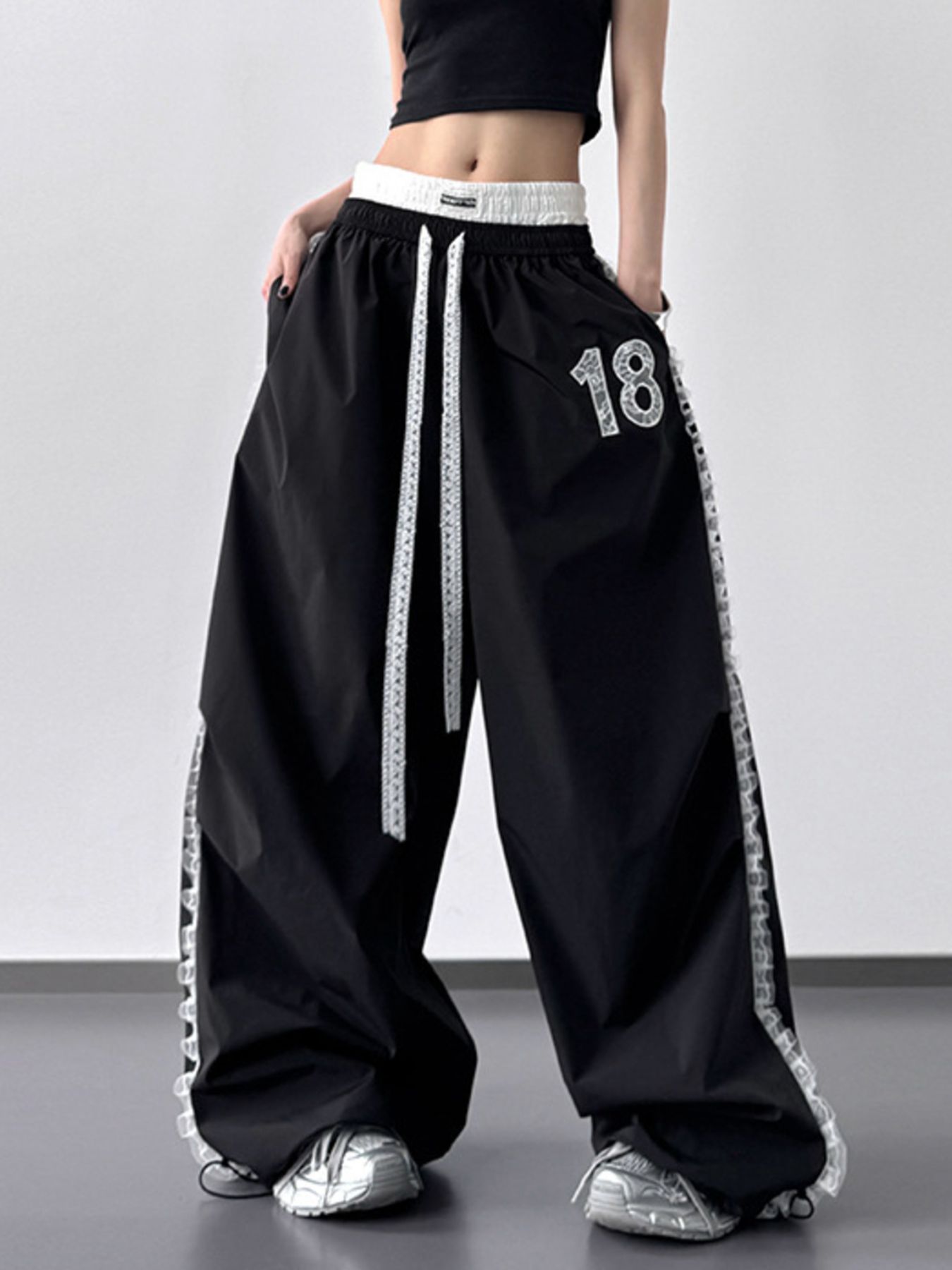 Lace Detail Drawstring Wide Leg Pants