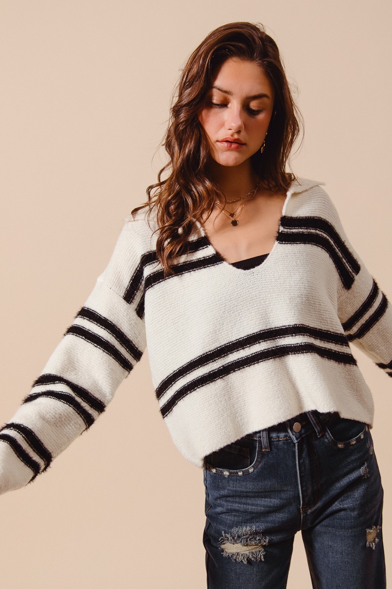 Fuzzy Hairy Stripe Deep U Neck Sweater