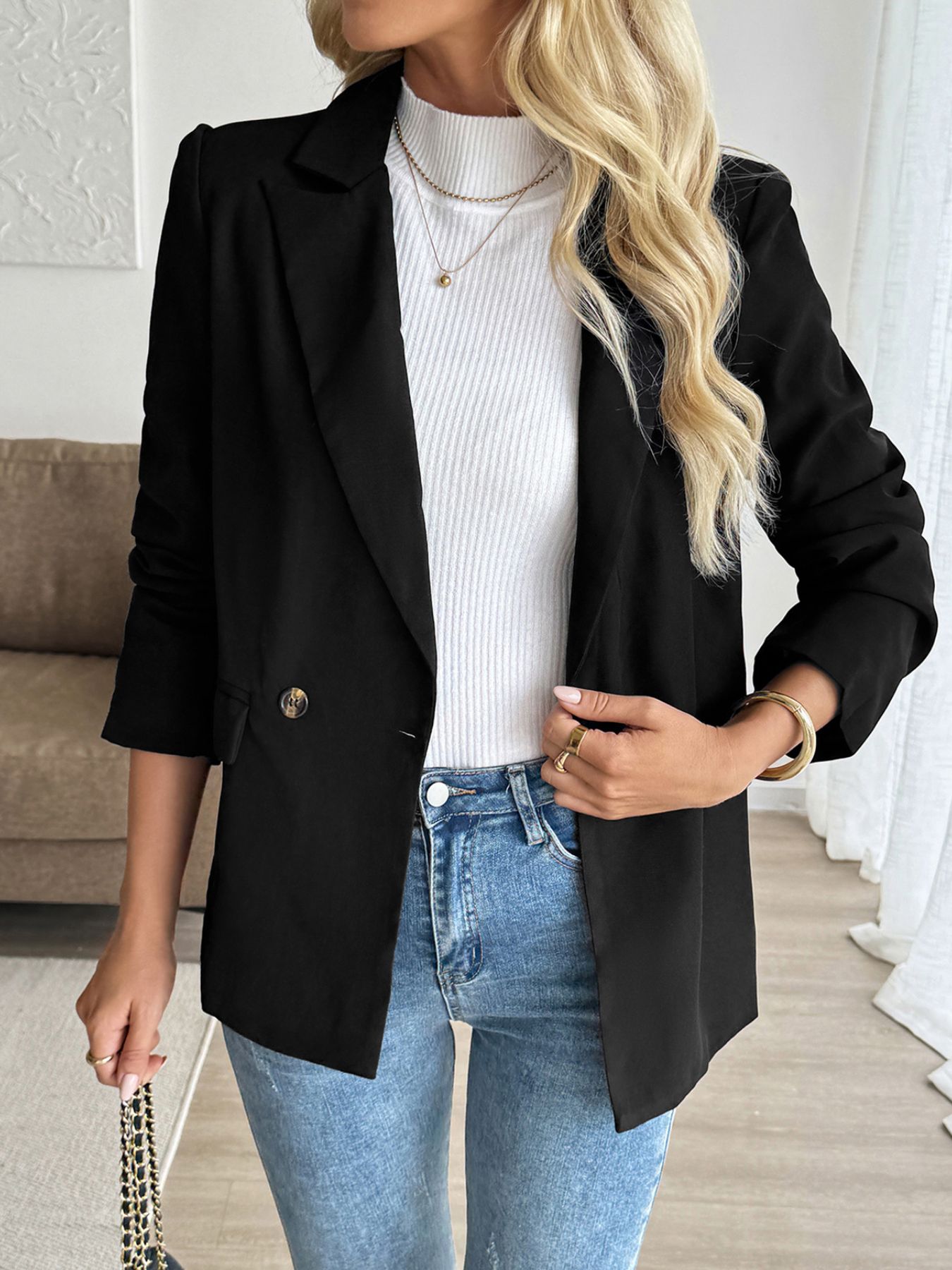 Lapel Collar Long Sleeve Blazer