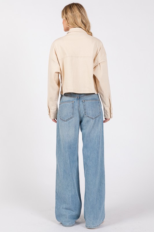 Button Down Cropped Denim Jacket with Patch Pockets