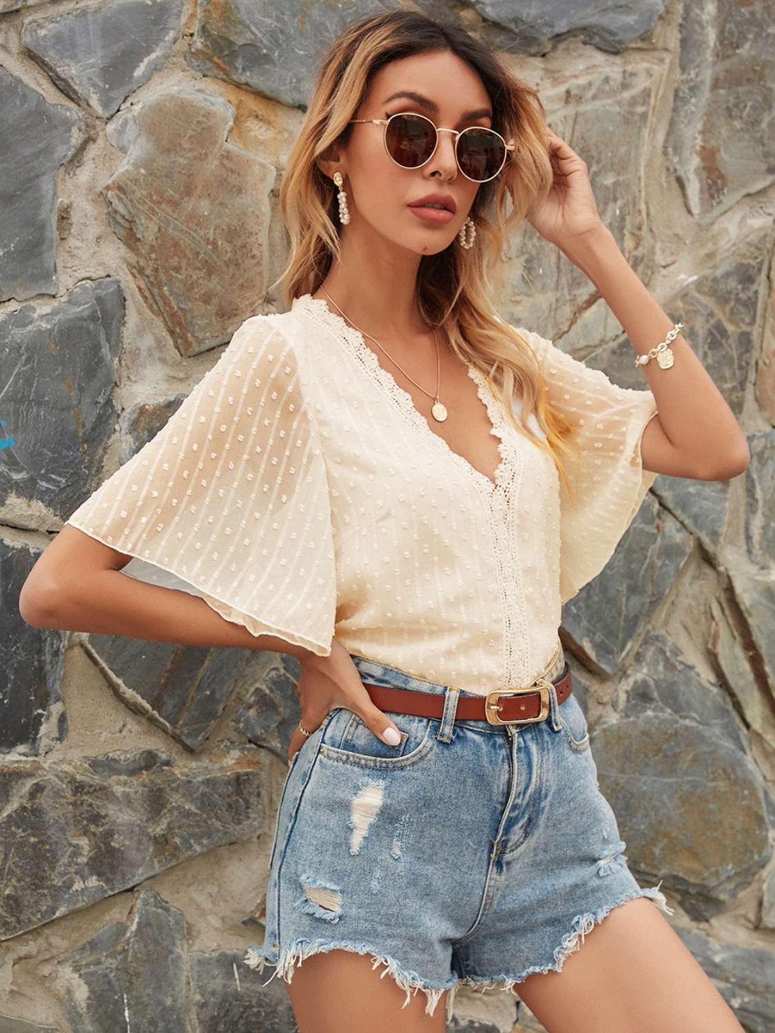 Lace Detail V-Neck Siwss Dot Blouse