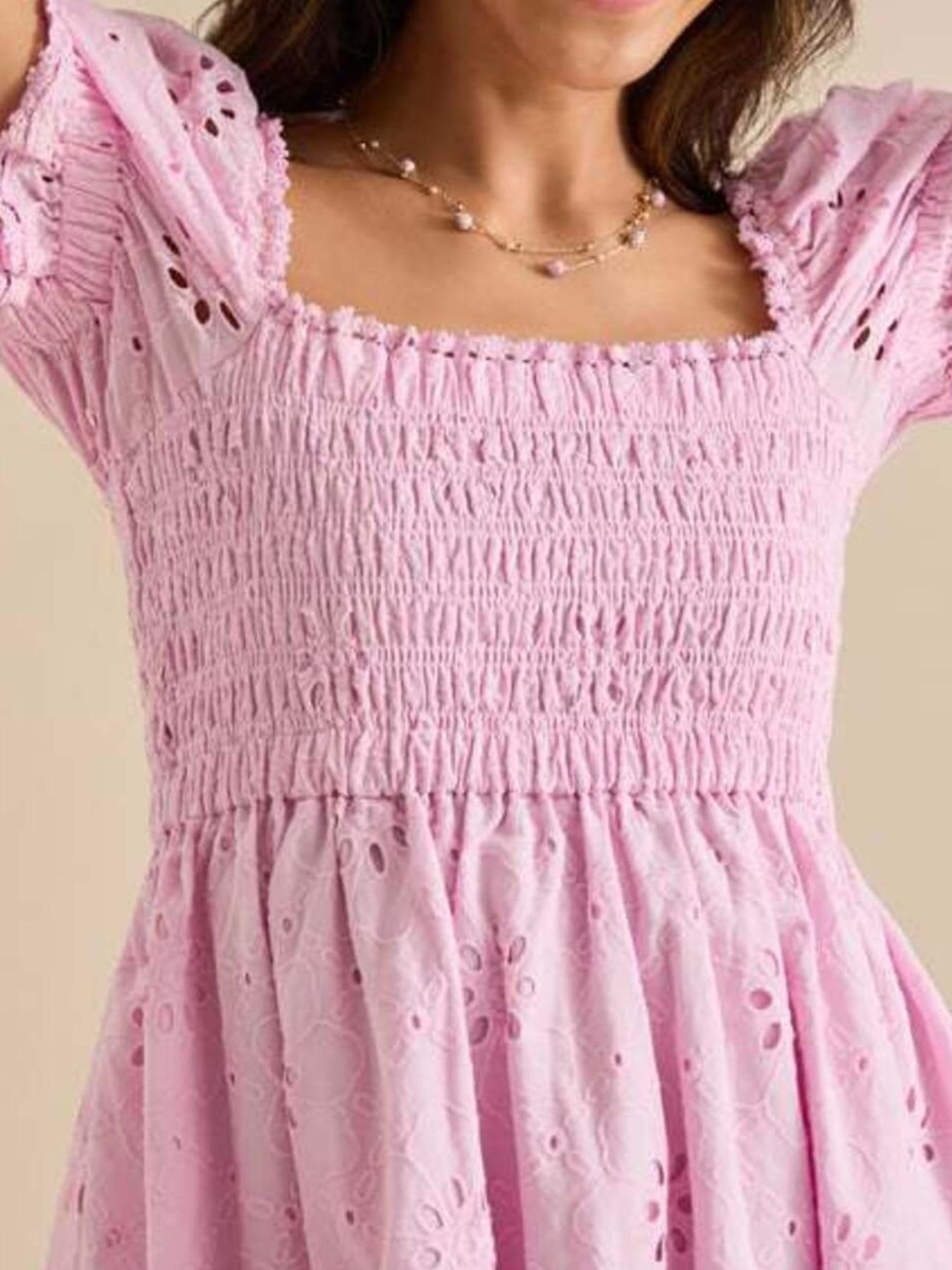 Eyelet Puff Sleeve Smocked Mini Dress