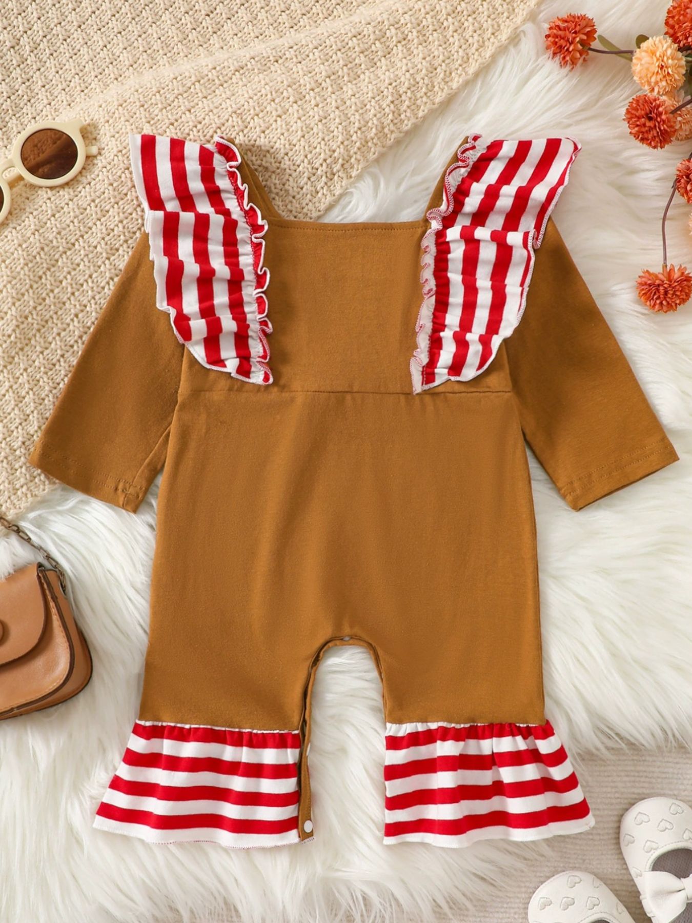 Children's Christmas Gingerbread Inspired Ruffle Trim Snapped Legs Jumpsuit