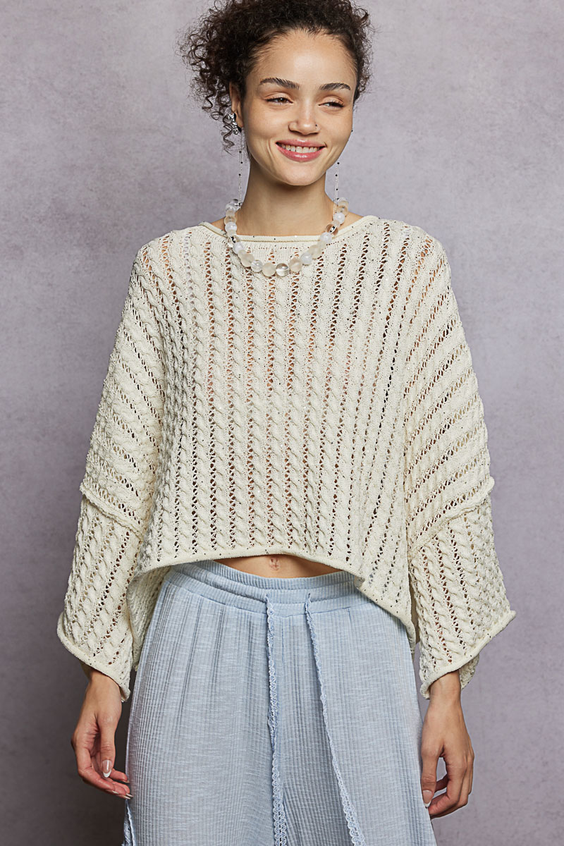 Cable-Knit Openwork Round Neck Cropped Sweater