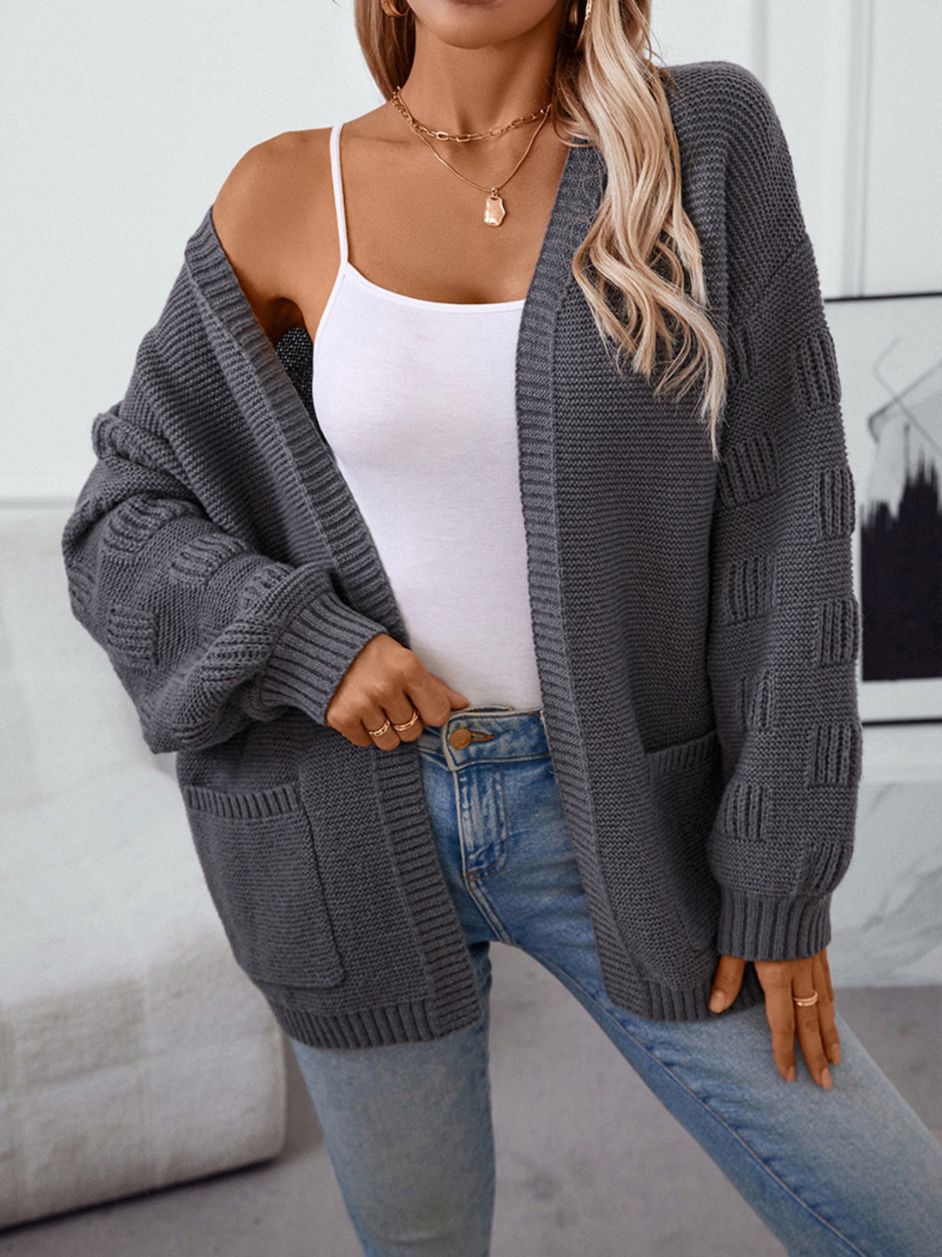 Textured Knit Open Front Cardigan