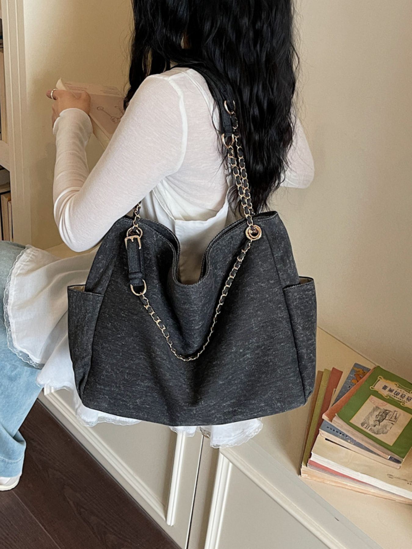 Denim Shoulder Bag with Chain Strap 4
