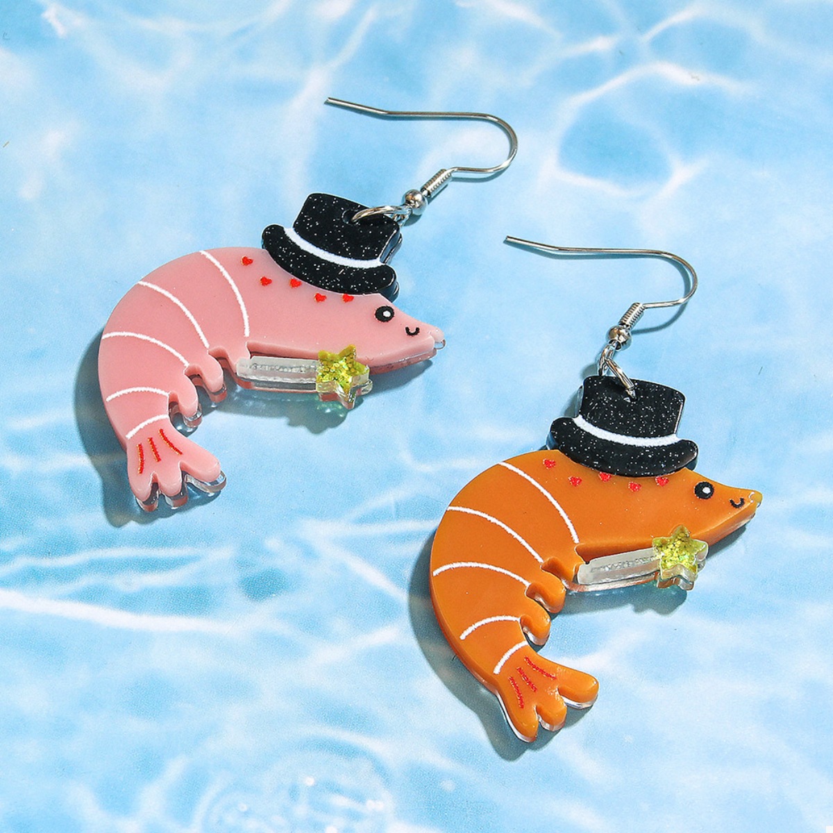 Whimsical Shrimp Earrings with Top Hats