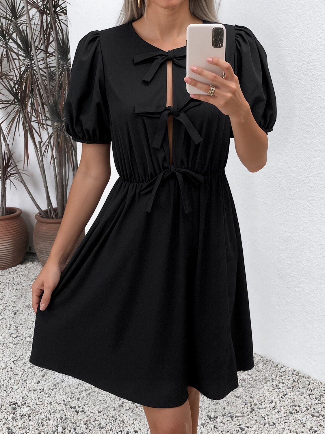 Tie Front Puff Sleeve Mini Dress