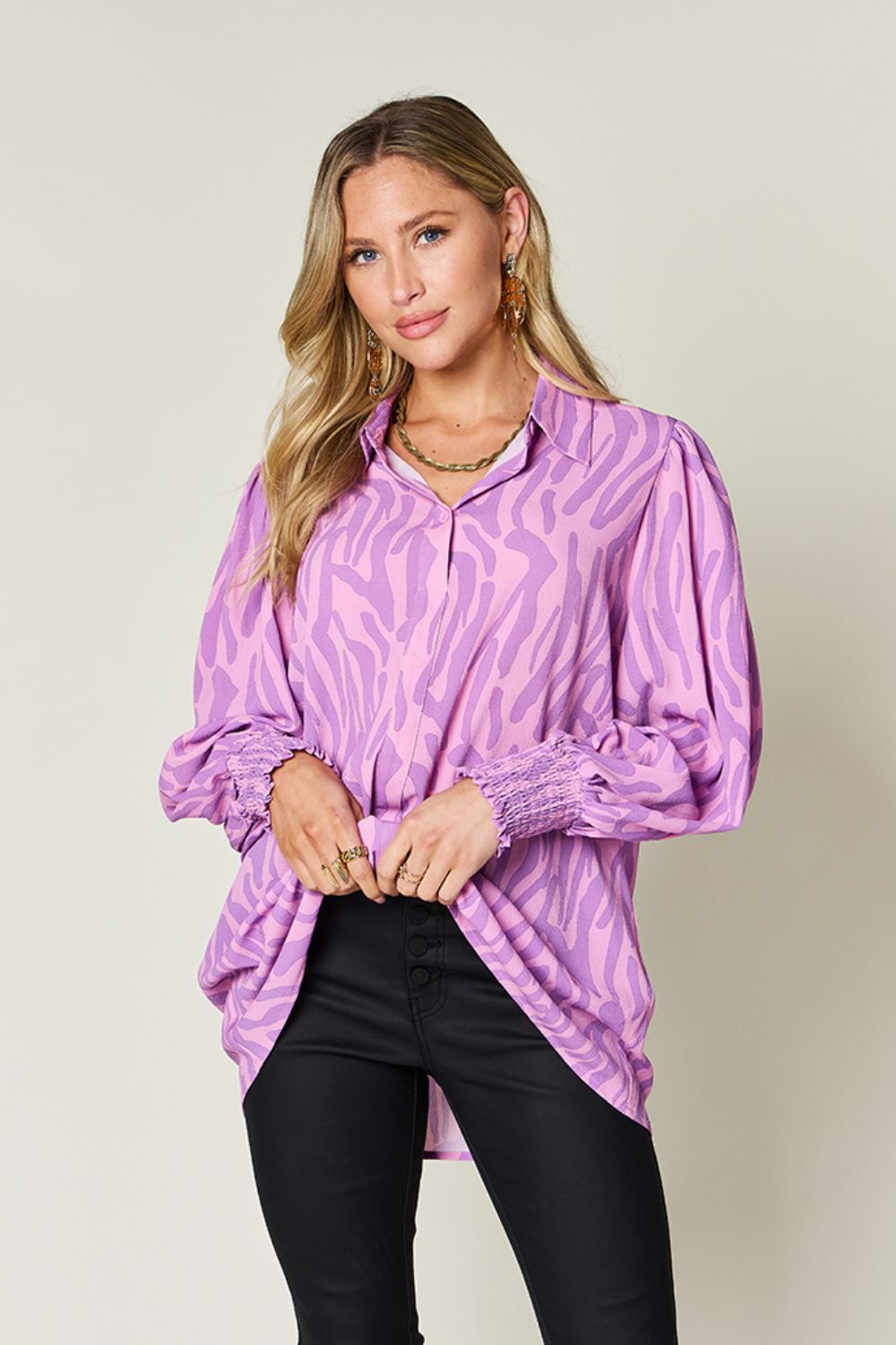 Double Take Full Size Printed Smocked Long Sleeve Blouse Plus Size 1