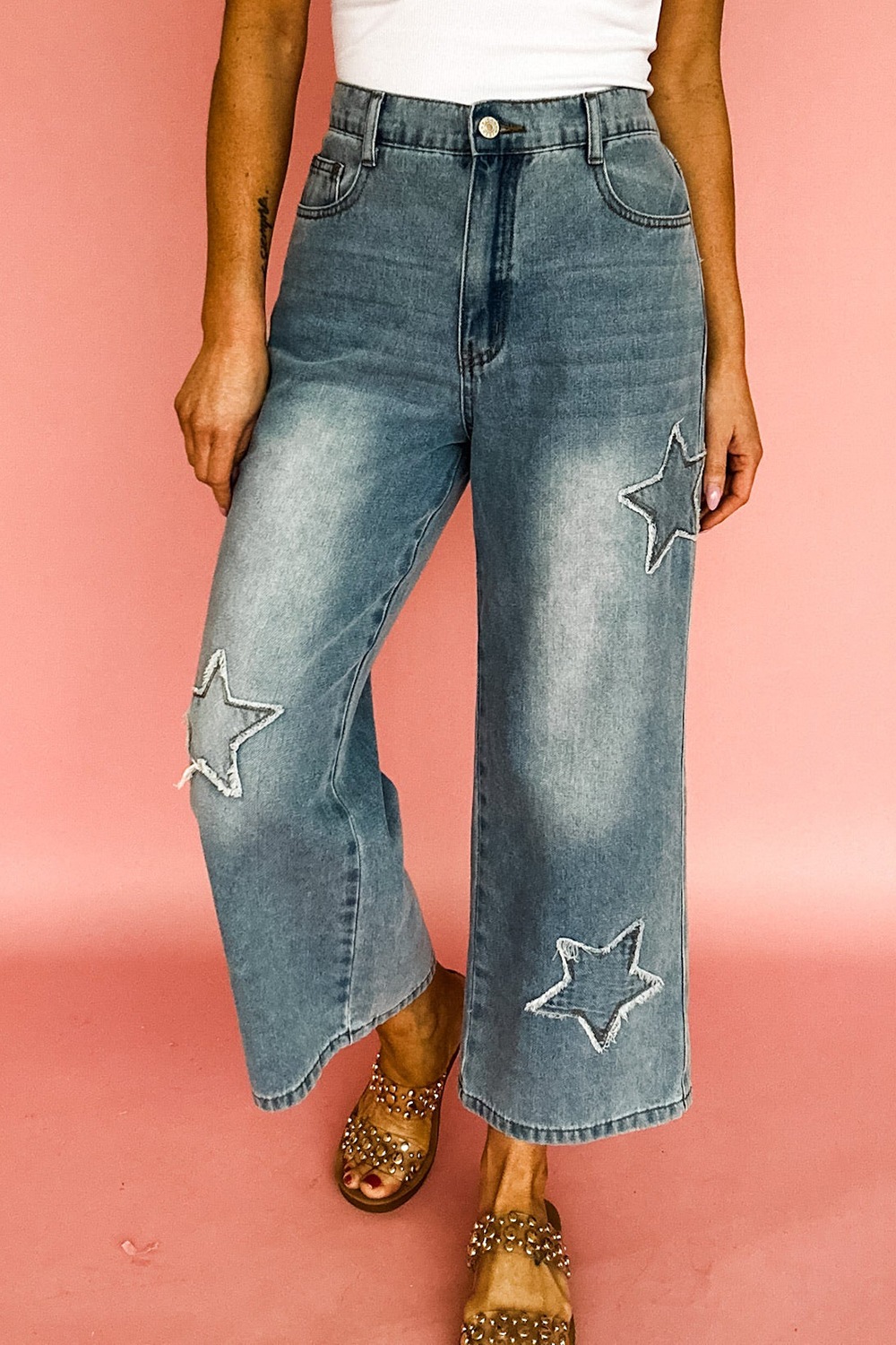 Star Embroidered High Waist Wide Leg Jeans