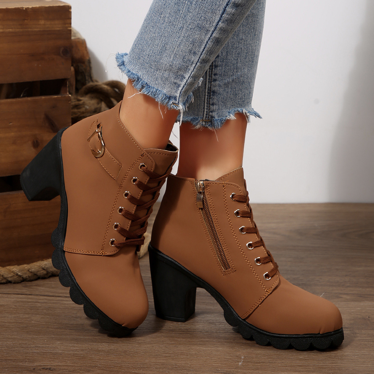 Lace-Up Buckle Chunky Heel Ankle Boots