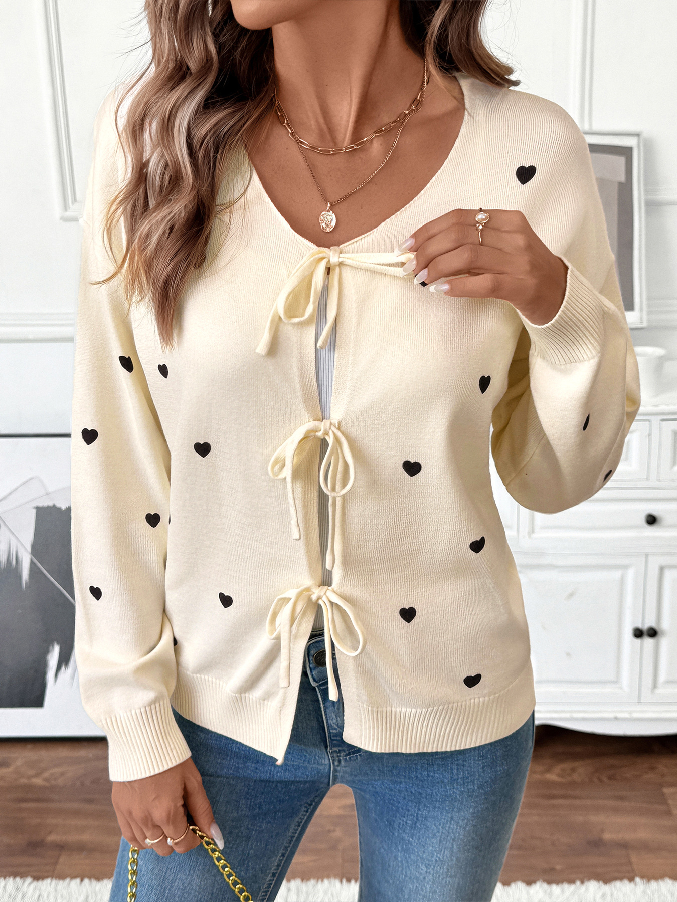 Heart Tie-Front Long Sleeve Cardigan