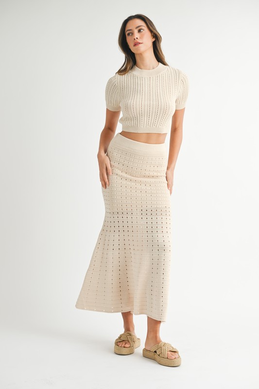 Pointelle Short Sleeve Crop Top and Slit Skirt Sweater Set