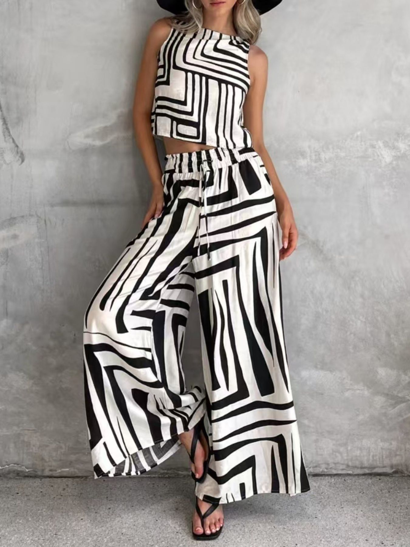 Geometric Print Sleeveless Top and Wide Leg Pants Set