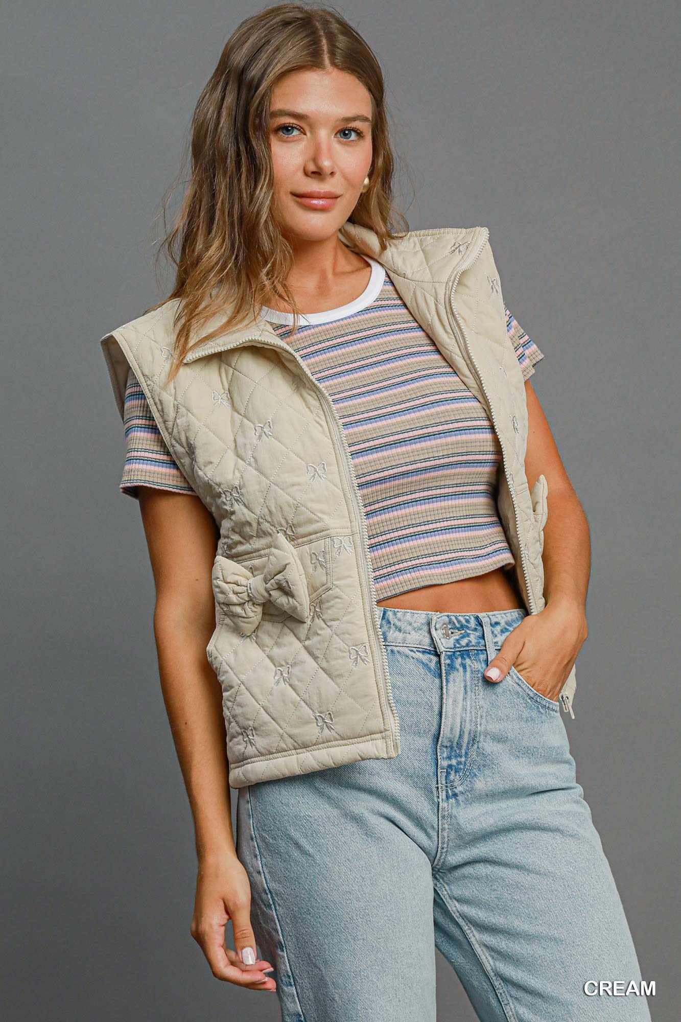 Umgee Sleeveless Quilted Vest with Bow Details