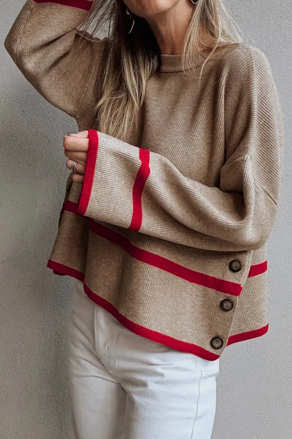Ribbed Knit Pullover with Contrast Trim