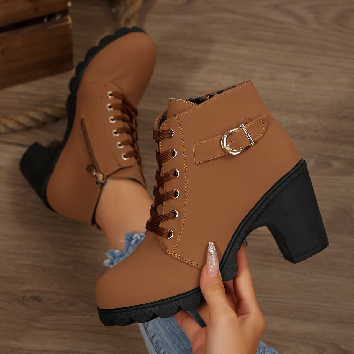 Lace Up Block Heels Boots