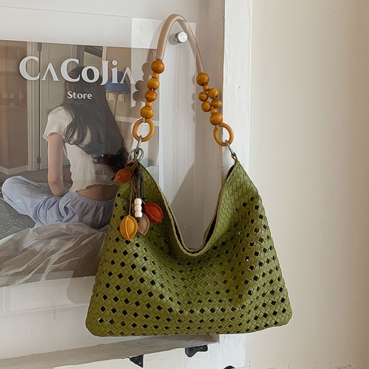 Cutout Shoulder Bag with Beaded Handle 4