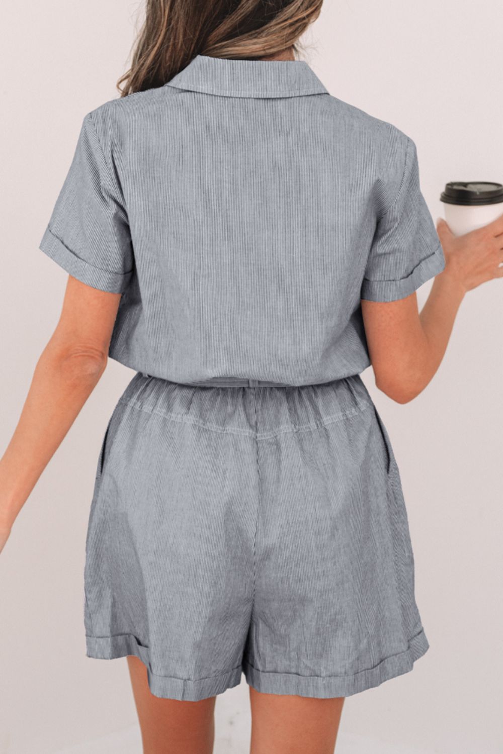 Stripe Chest Pockets Tie Waist Romper