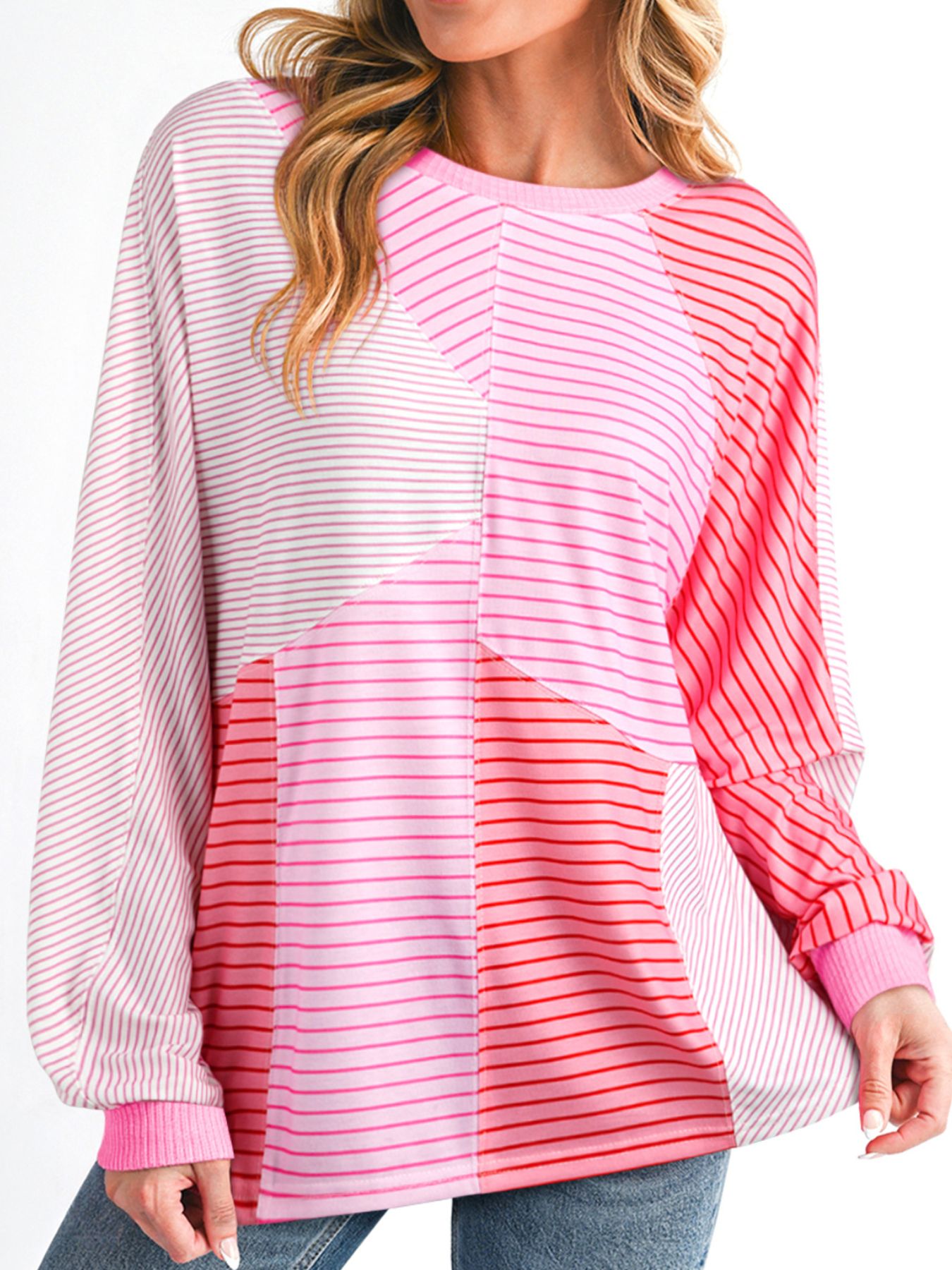 Striped Colorblock Exposed Seam Casual Long Sleeve Top