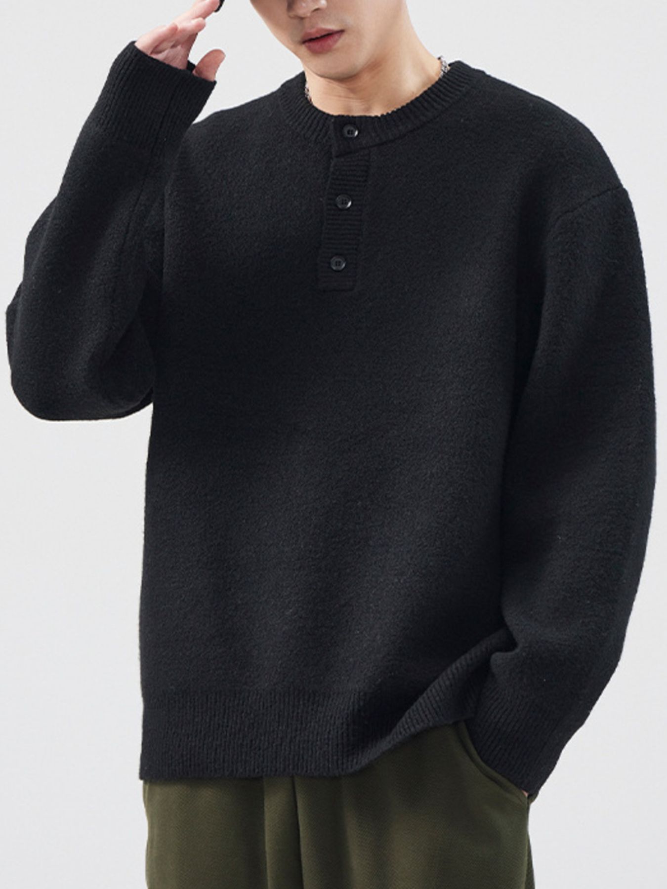 Men's Plus Size Button Detail Ribbed Hem Sweater