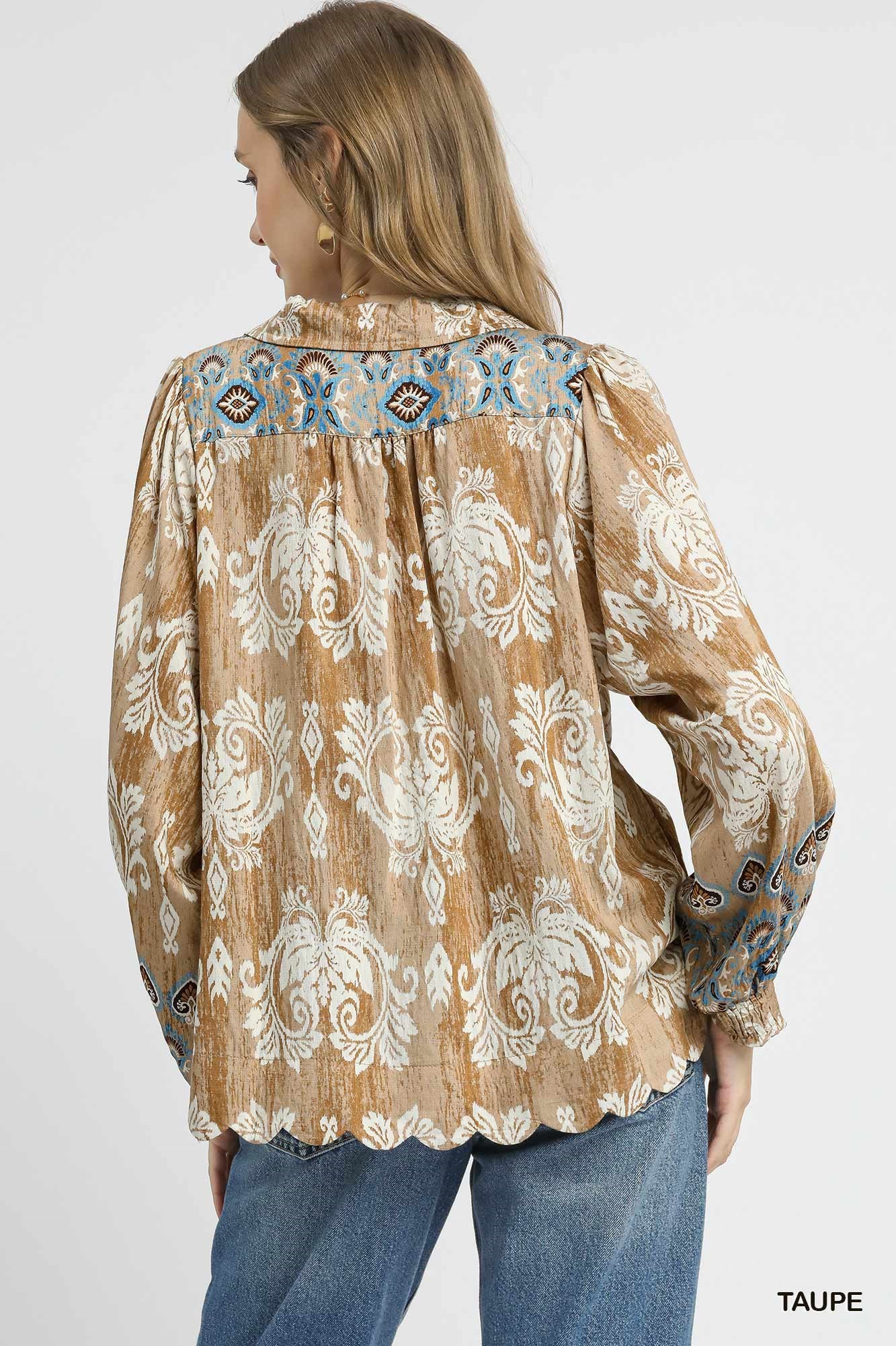 Umgee Floral Boho Blouse with Scalloped Hem