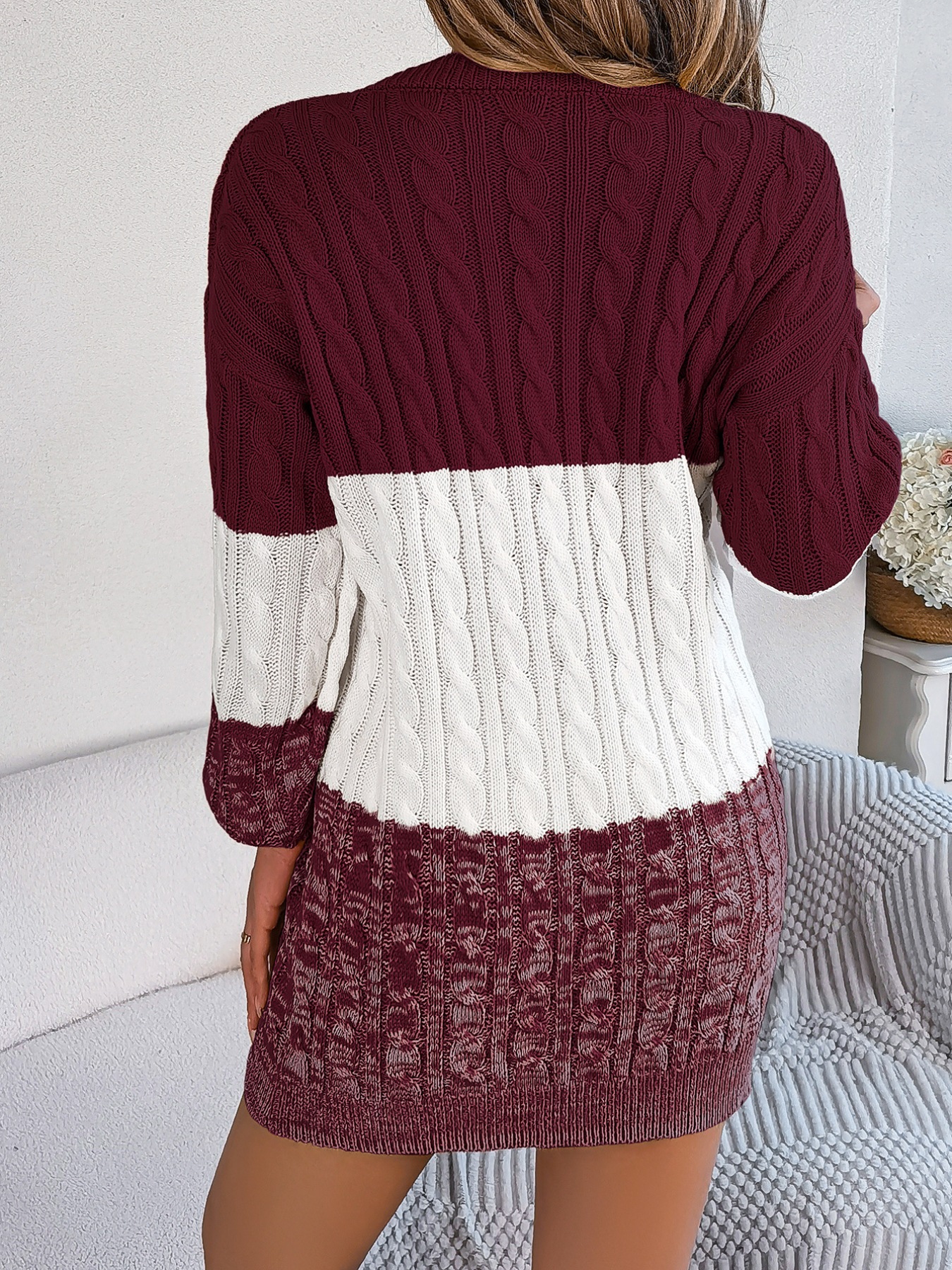 Color Block Cable Knit Sweater Dress with Textured Pattern