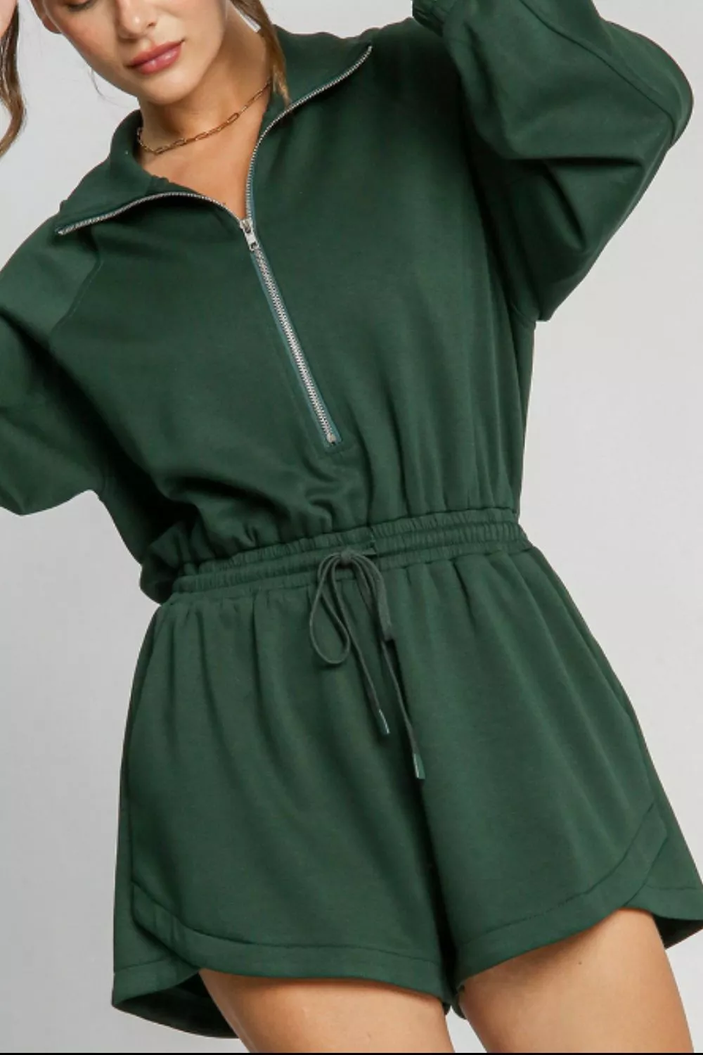 Drawstring Half Zip Long Sleeve Romper