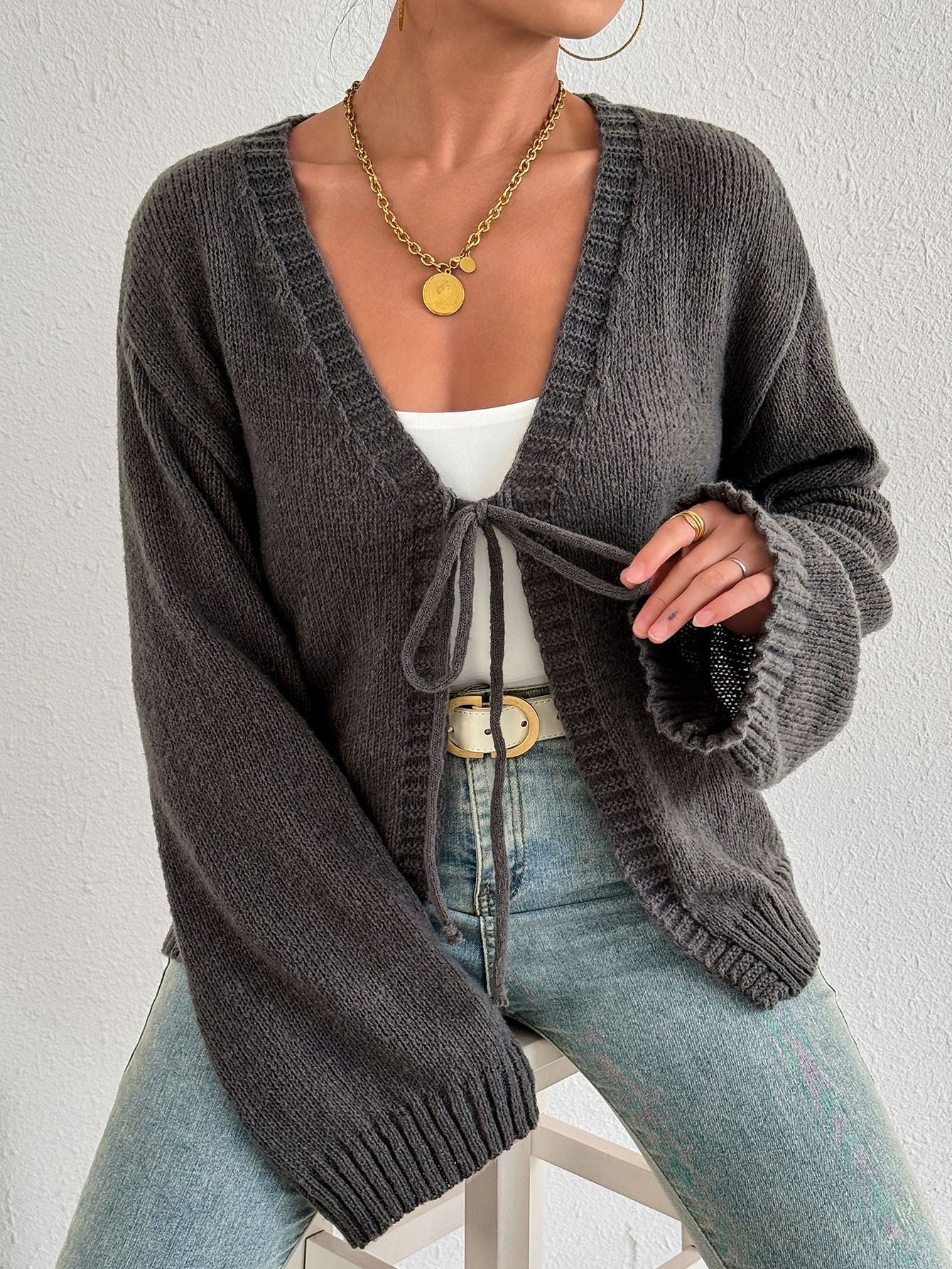 Tie-Front Dropped Shoulder Cardigan