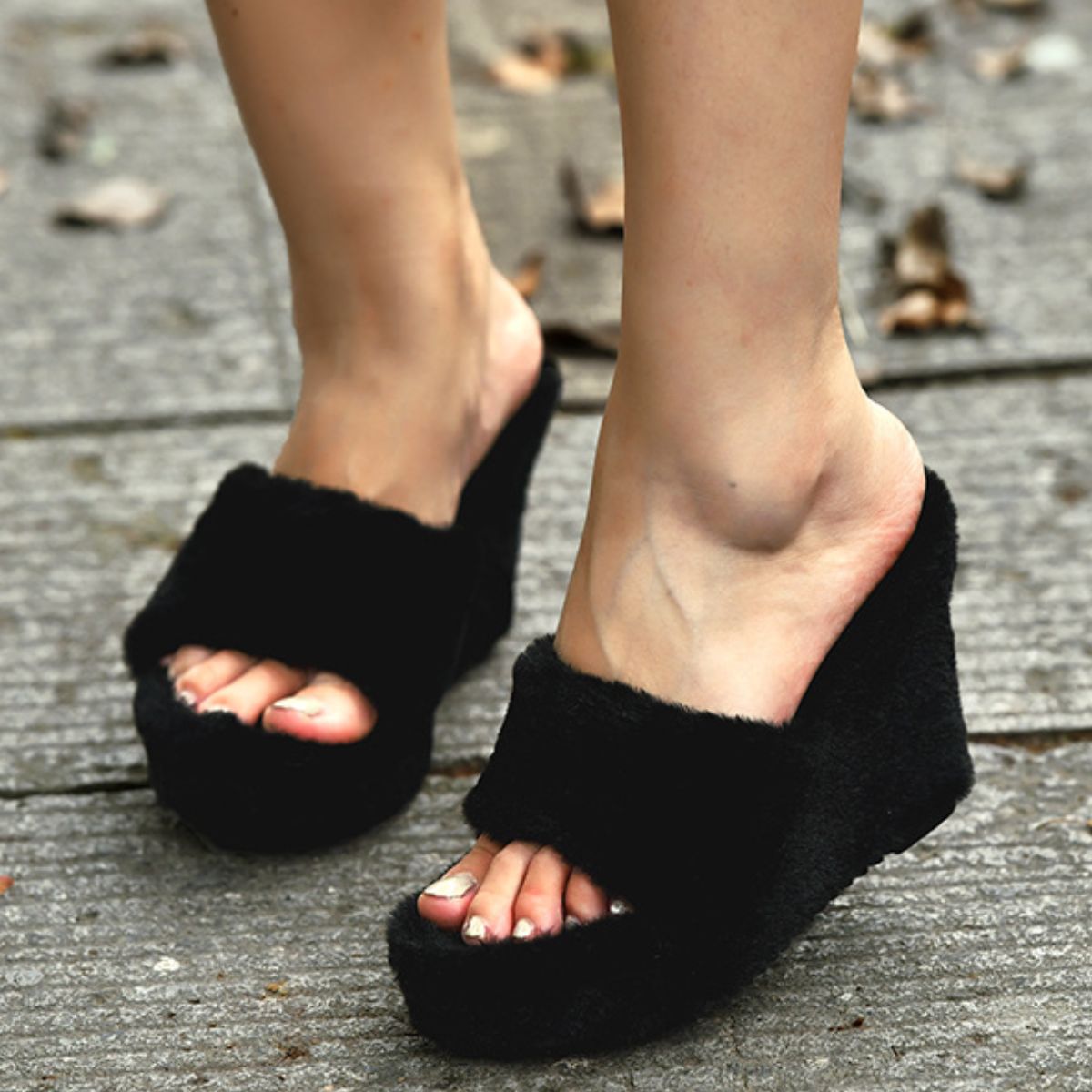 Fluffy Platform Wedge Slippers