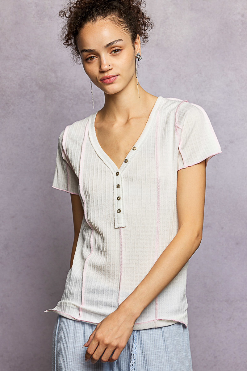 V-Neck Short Sleeve Top with Stitch Seam Detail
