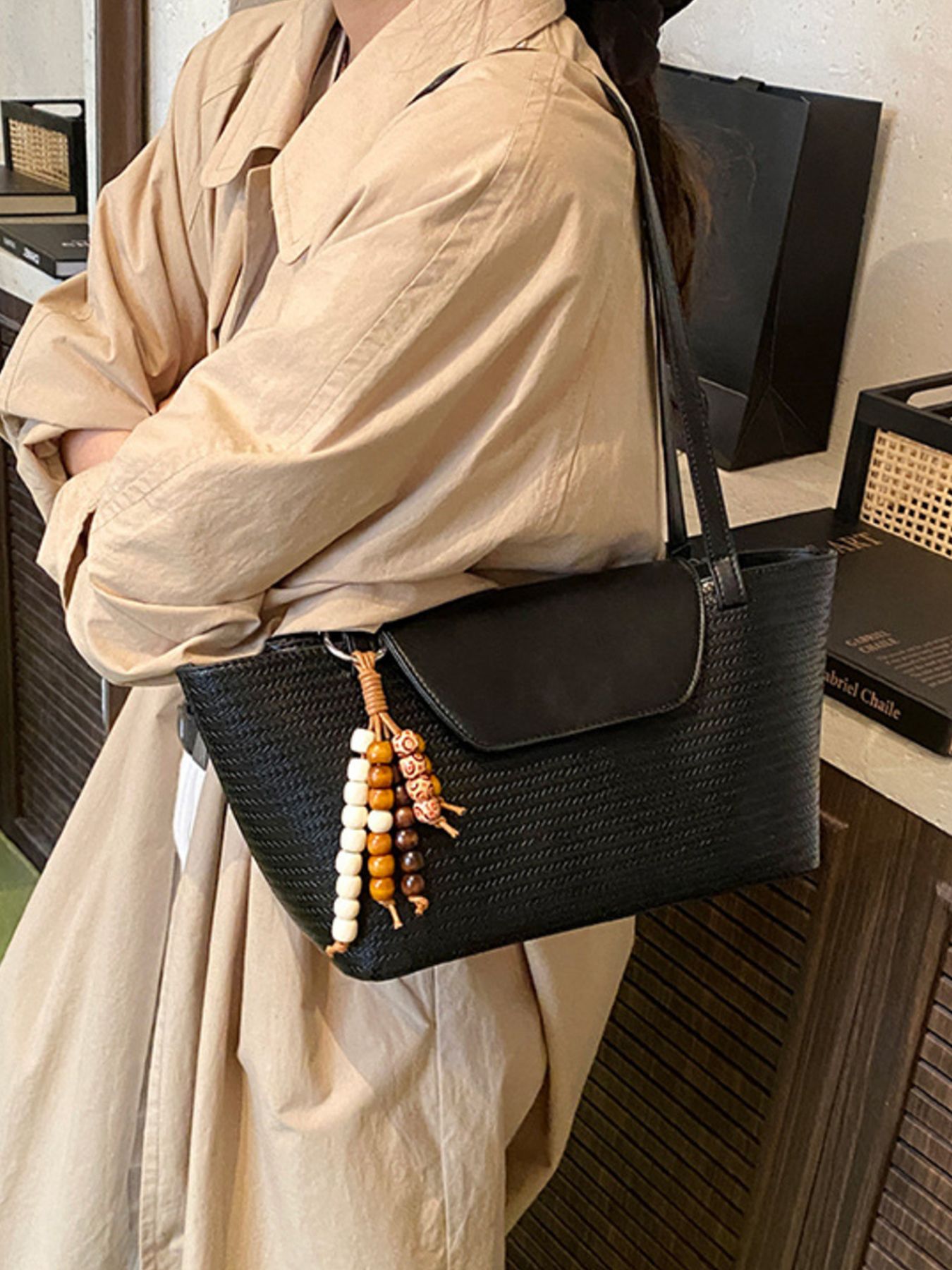 Texture Tote Bag with Beaded Charm