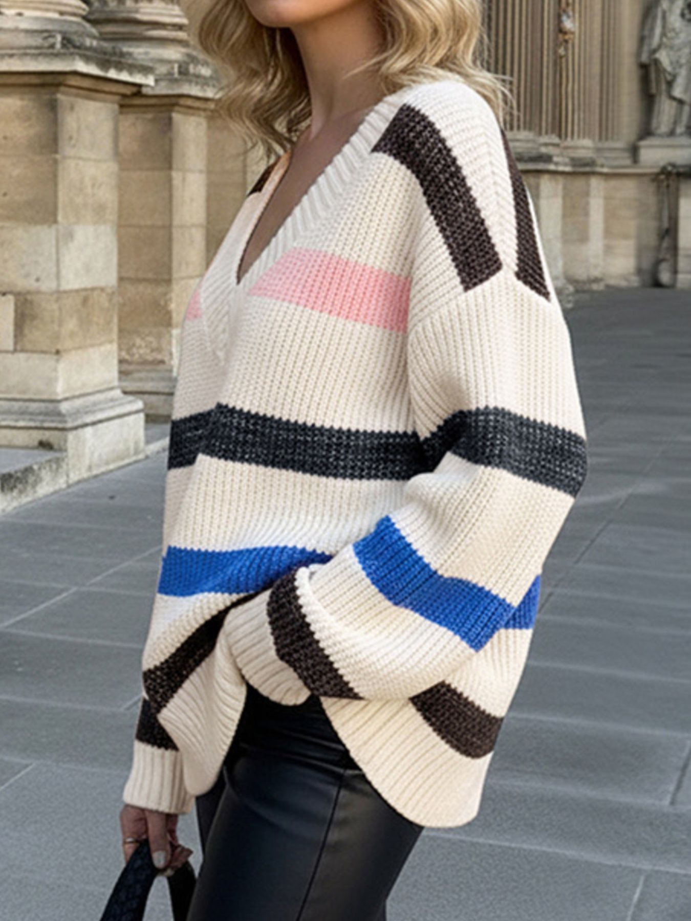 Striped V-Neck Oversized Sweater
