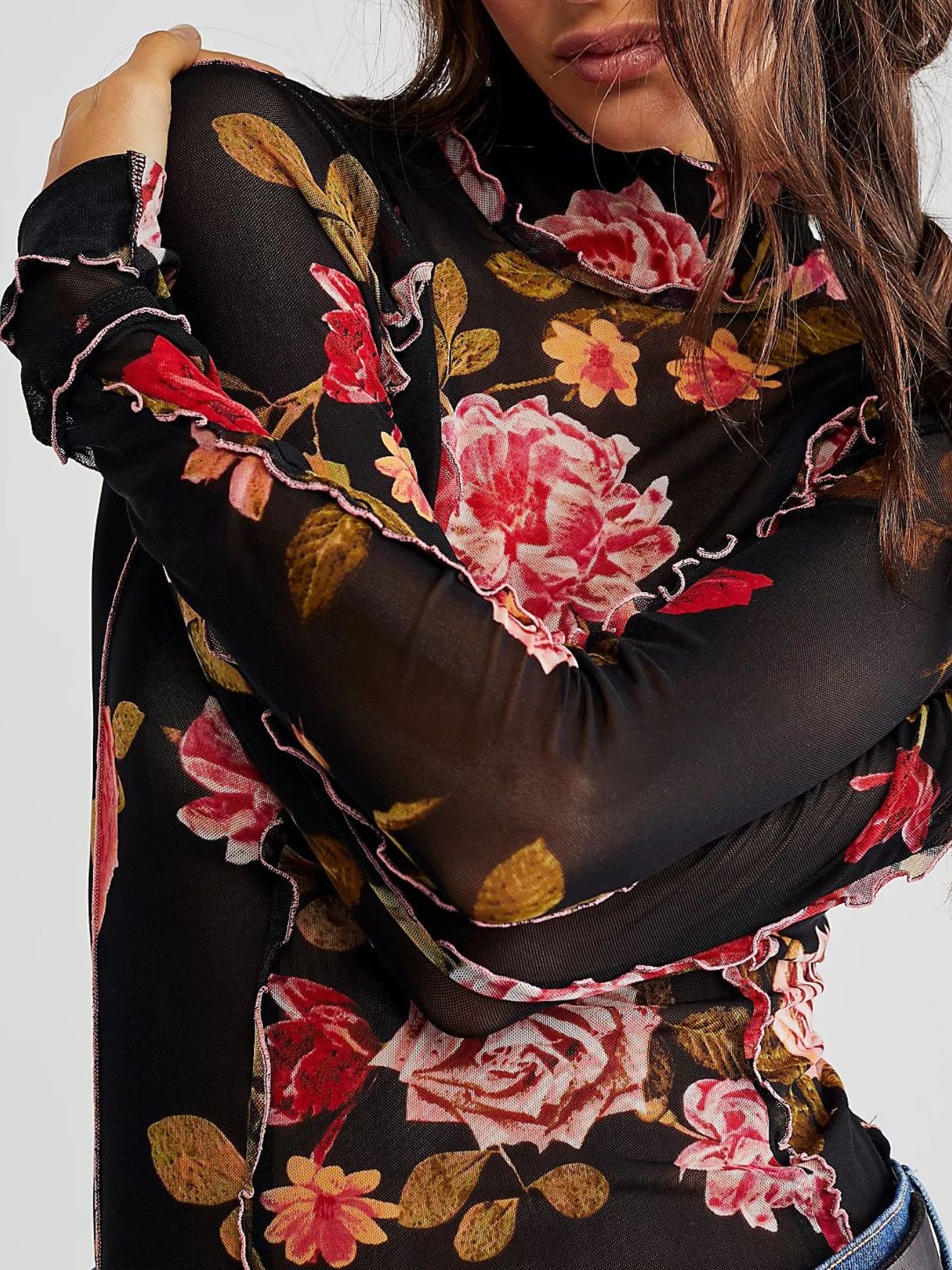 Floral Print Mock Neck Long Sleeve Top