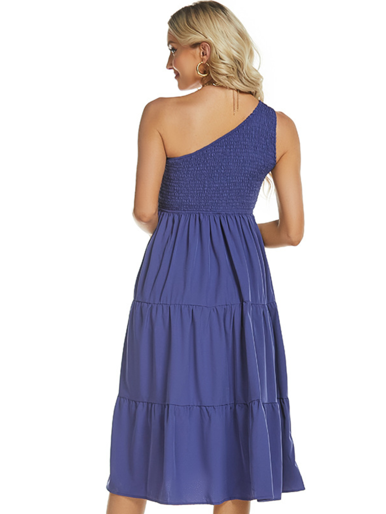 One-Shoulder Tiered Midi Dress with Smocked Bodice
