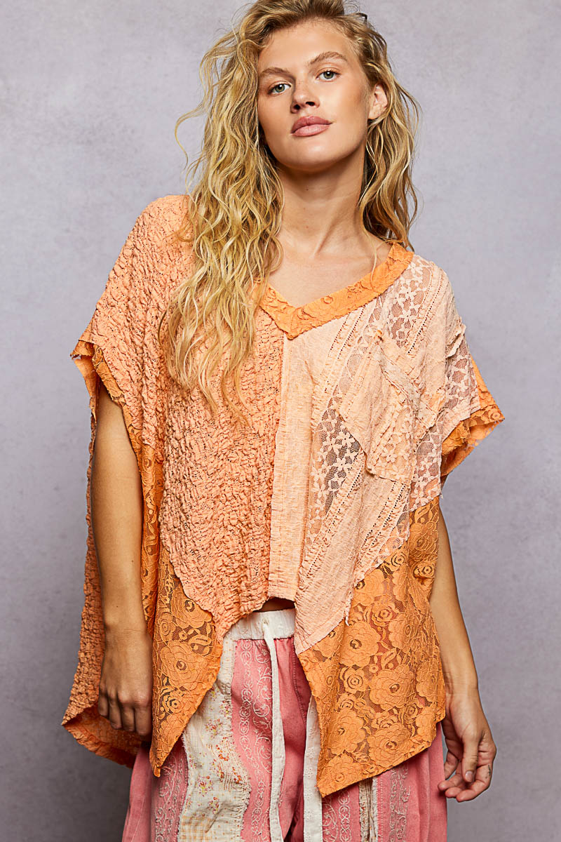 Asymmetrical V-Neck Short Sleeve Lace Top