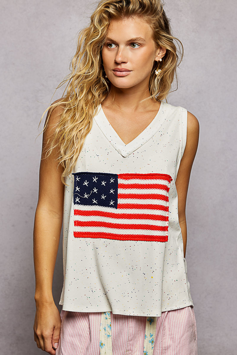 V-Neck Ribbed Tank with American Flag Patch and Star Back Patch